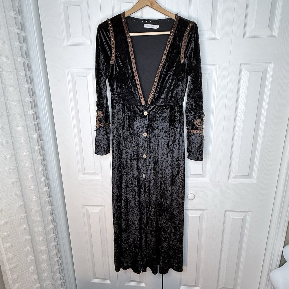 Miss look Black Crushed Velvet Deep V Dress/jacket‎ Beaded Neck Embellished S